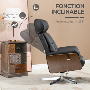 Fauteuil relax avec repose-pieds - ensemble lounge chair design - acier chromé bois eucalyptus synthétique noir