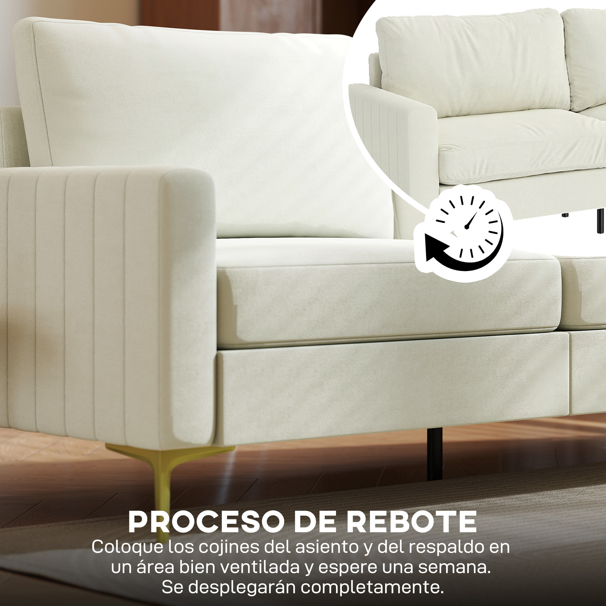 Sofá de 3 Plazas, Sofá de Salón de 181 cm, Tapizado en Terciopelo, Cojines Gruesos, Patas de Metal, Estructura de Madera, para Sala de Estar, Dormitorio, Oficina, Crema