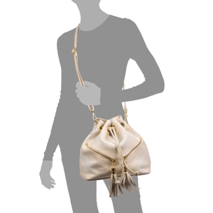 Arzene bolso bandolera piel auténtica dollaro. Diseño cool fruncido y borlas en el frontal