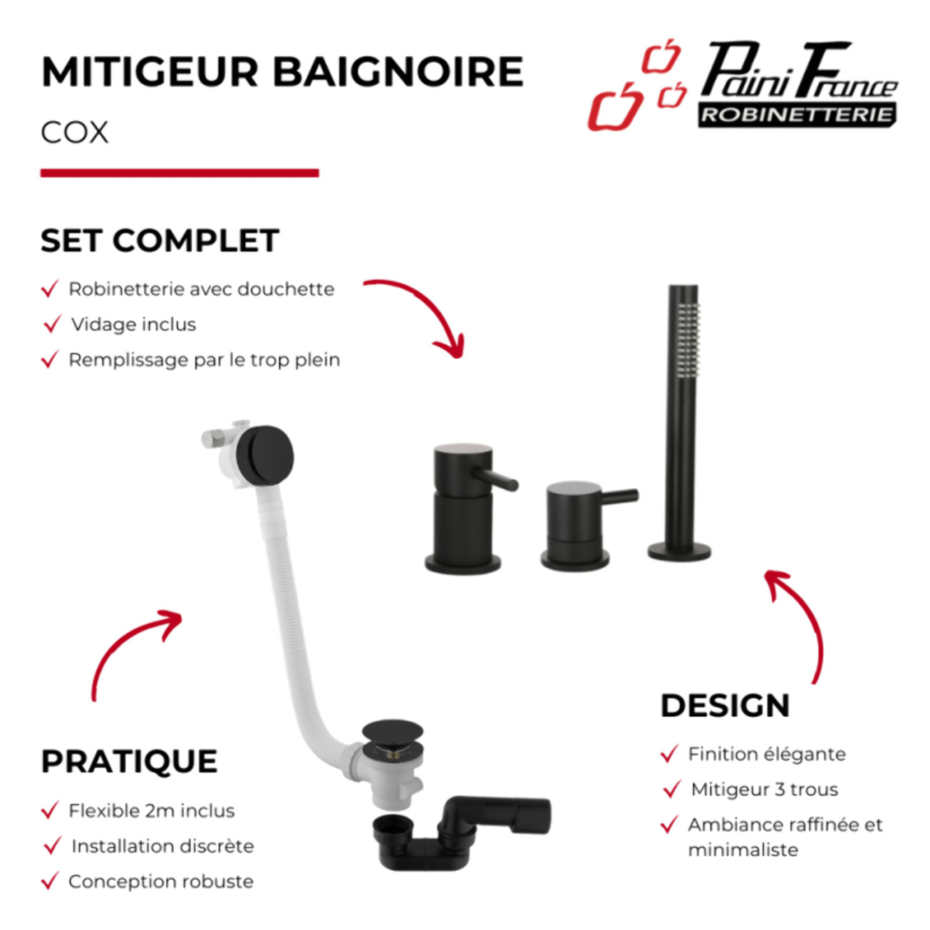 Mitigeur bain douche mécanique sur table PAINI Cox noir mat + Vidage/remplissage trop plein + bonde clic-clac + siphon 90cm noir