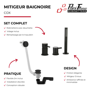 Mitigeur bain douche mécanique sur table PAINI Cox noir mat + Vidage/remplissage trop plein + bonde clic-clac + siphon 90cm noir