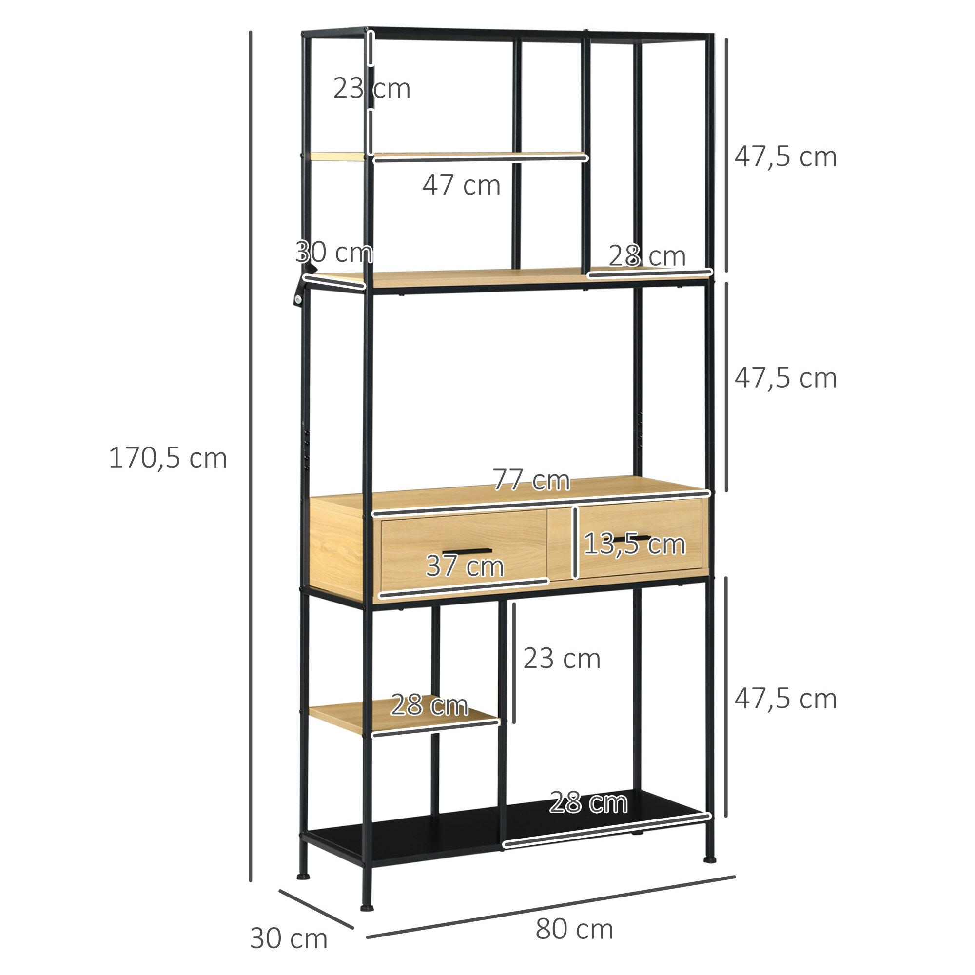 Estantería Industrial de 5 Niveles Mueble Estantería Almacenaje Estantería para Libros con 2 Cajones y Marco de Metal para Salón Oficina 80x30x170,5 cm Roble