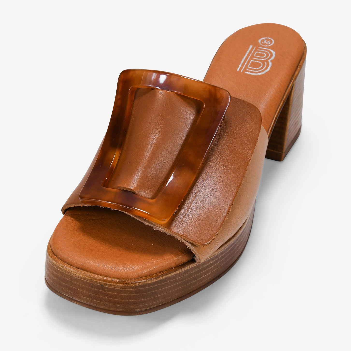 Sandalias de tacón cuero en piel con hebilla marmolada