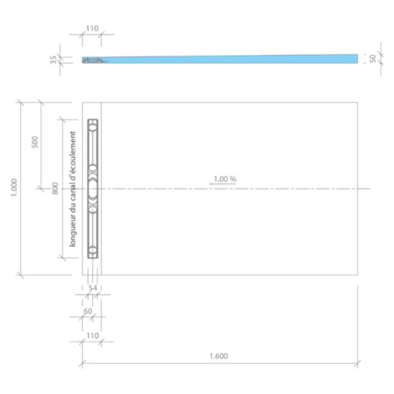 Receveur de douche à carreler 160 x 100 cmWEDI Fundo Riolito Neo + barrette de finition + bonde horizontale + kit d'étanchéité