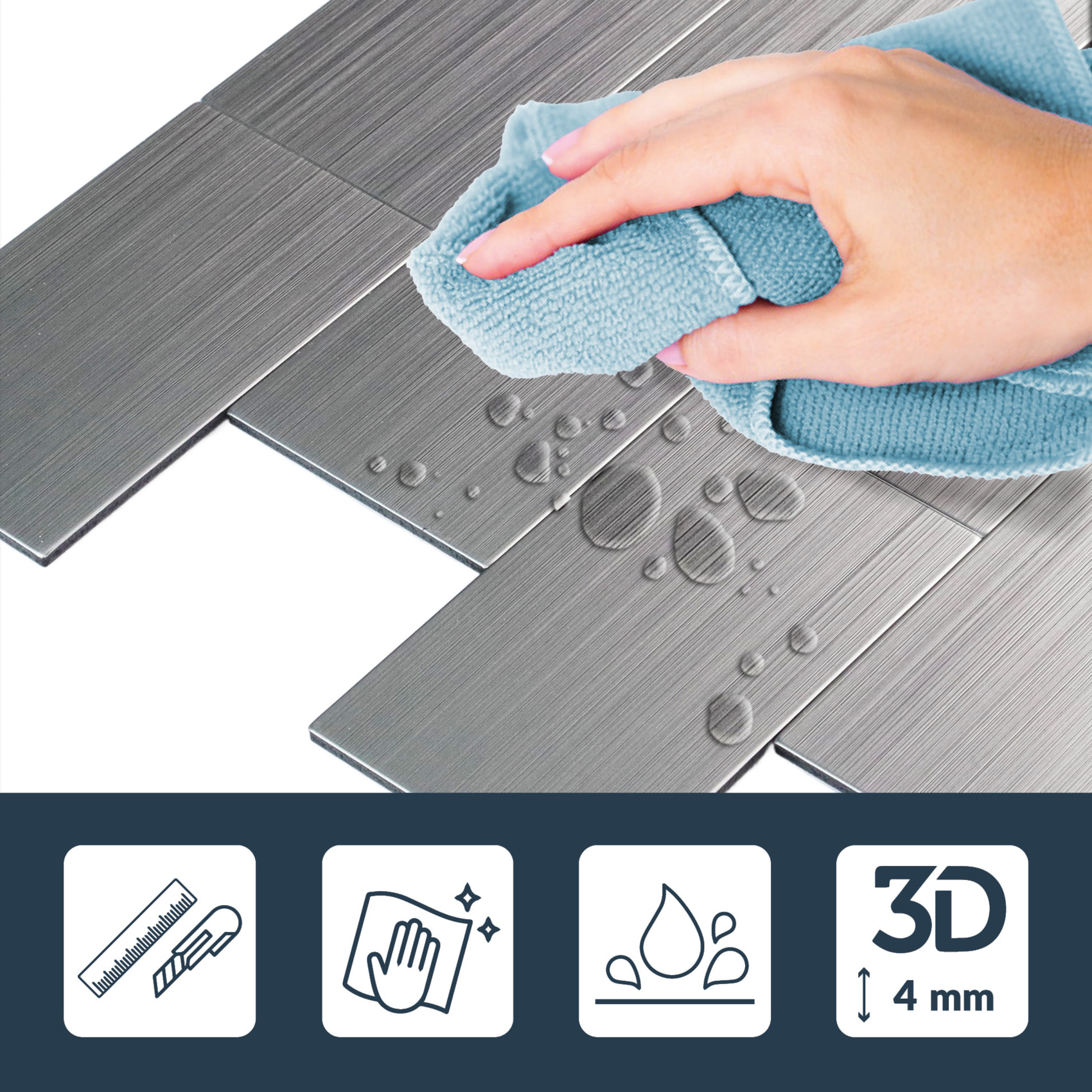 Crédence adhésive murale 3D  - Effet carrelage 4 pièces - Argent