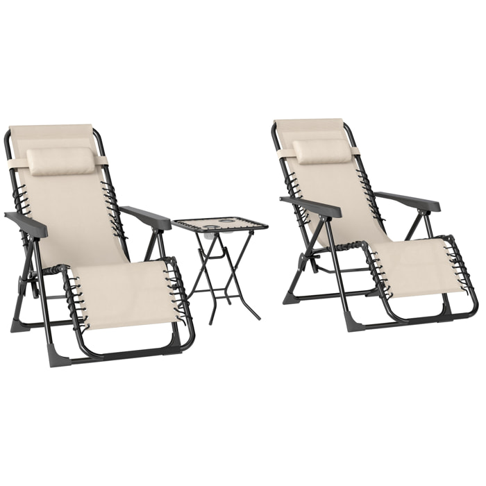 Set de 2 Tumbonas Jardín Exterior Plegables con Mesa Auxiliar Portavasos Tumbonas de Gravedad Cero con Respaldo Ajustable Reposabrazos Extraíble para Patio Piscina Terraza Exterior Beige