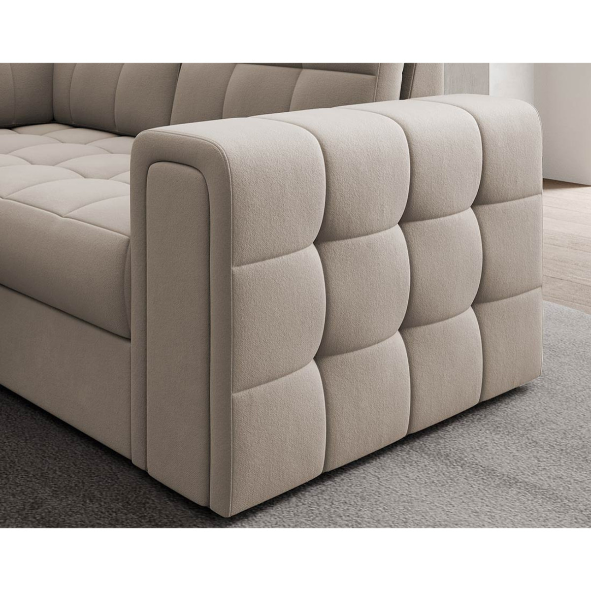 Nappa - Canapé panoramique d'angle droit 7 places convertible avec coffre en velours - Beige