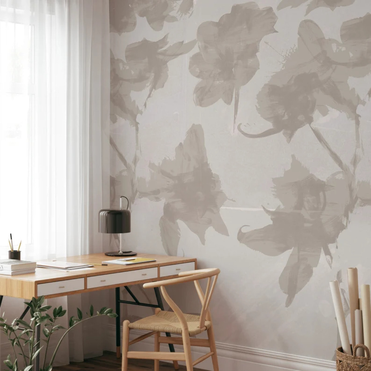 Carta da Parati Floreale Astratta in Tonalità Beige