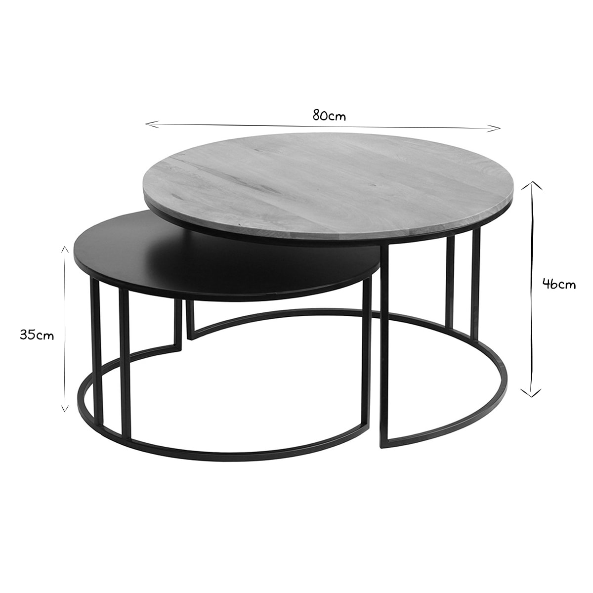 Tables basses gigognes rondes bois manguier massif et métal noir (lot de 2) TAHL