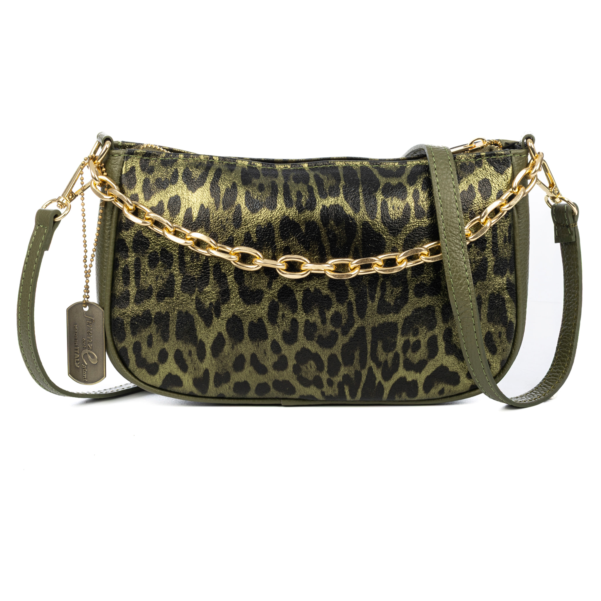 Avella bolso bandolera mujer, de piel auténtica Gamuza lacada con estampado de animal print leopardo, Dollaro.