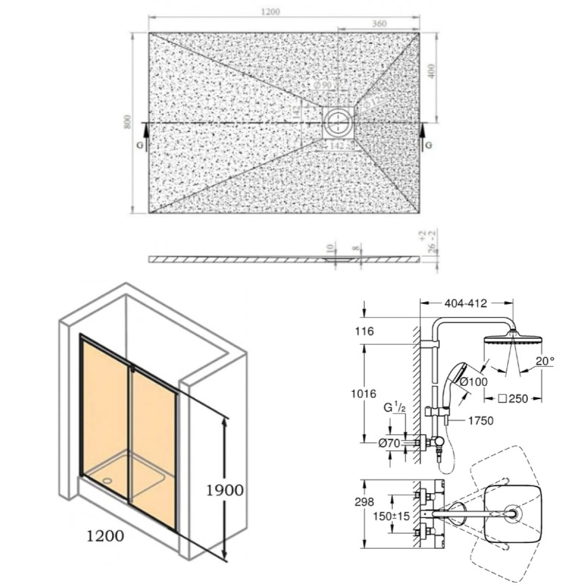 Pack douche : Porte coulissante 120cm + Colonne de douche avec mitigeur thermostatique Grohe + Receveur 120x80cm Blanc