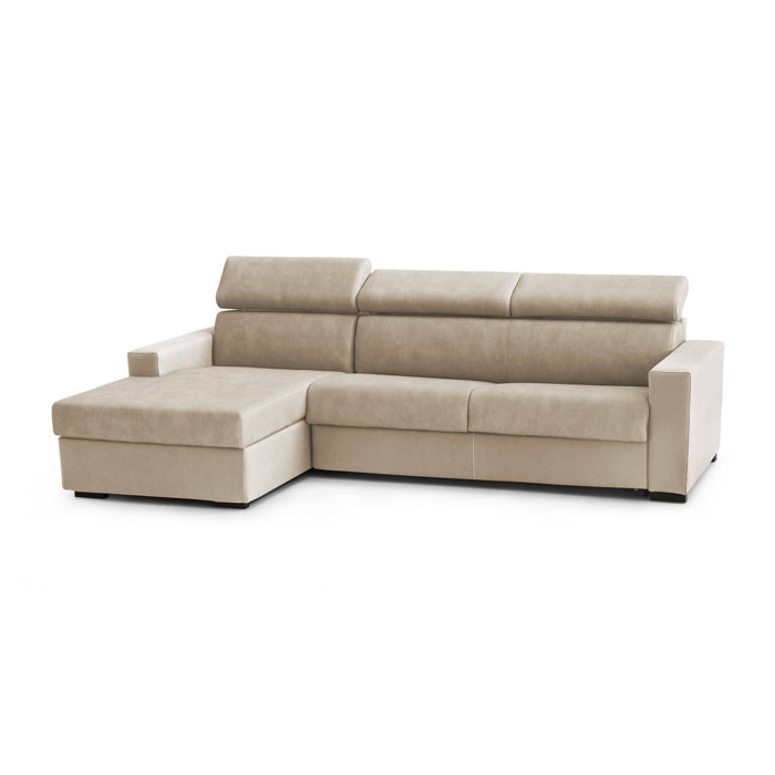 Divano letto con penisola Aloet, Sofà apertura girevole, Penisola contenitore Sinistra, Braccioli slim, 100% Made in Italy, Cm 260x95h85, Beige