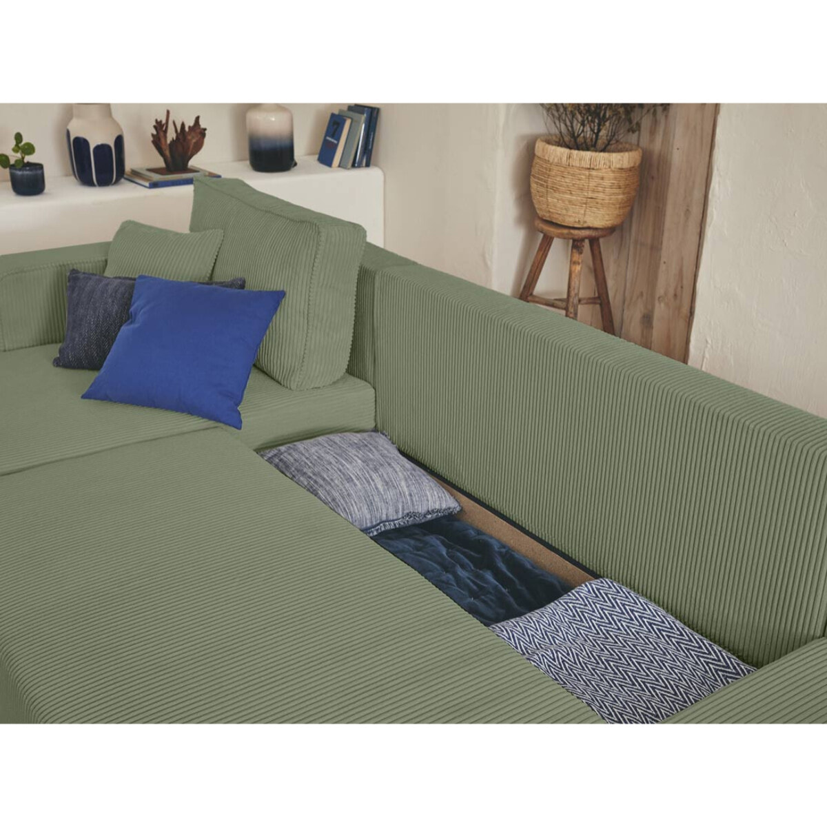 Topaze - canapé panoramique en U - 7 places - convertible avec coffre - en velours côtelé - Vert sauge