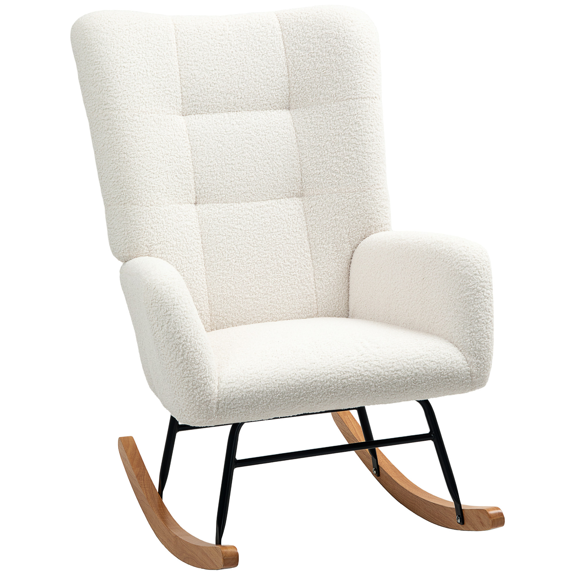 Fauteuil à bascule style nordique haut dossier oreilles piètement bois hévéa effet laine bouclée