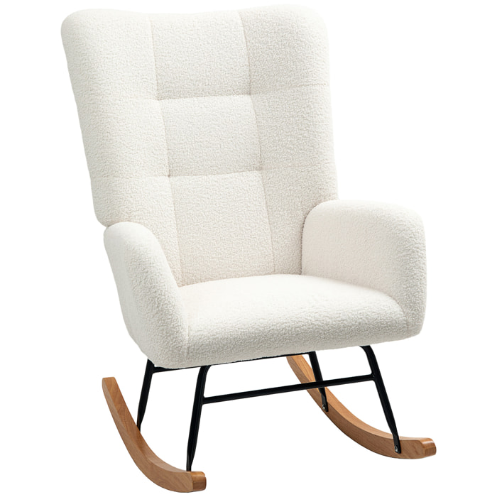 Fauteuil à bascule style nordique haut dossier oreilles piètement bois hévéa effet laine bouclée