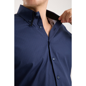 Camicia Uomo 2 Bottoni Button Down Doppio Coll Popeline Stretch Stampato Nero e Blu Scuro