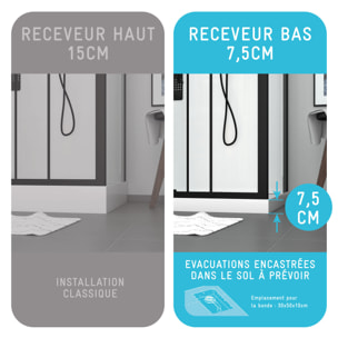 Cabine de douche rectangle 110x80x209 cm - Receveur bas - Fonds Gris Profilés Noir Mat - FOGGY LOW