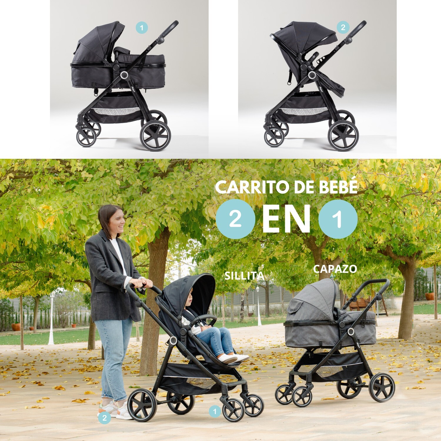 Carrito Bebé 2 en 1, Silla de Paseo | Capazo Acolchado, Modelo Versa