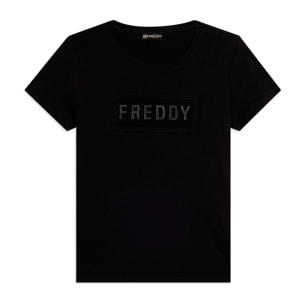 T-shirt con strass e inserto in mesh