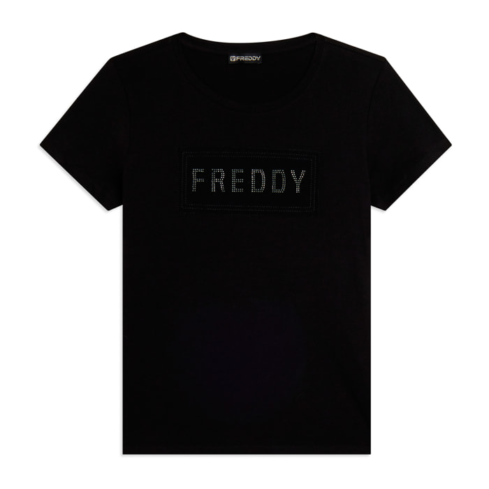 T-shirt con strass e inserto in mesh
