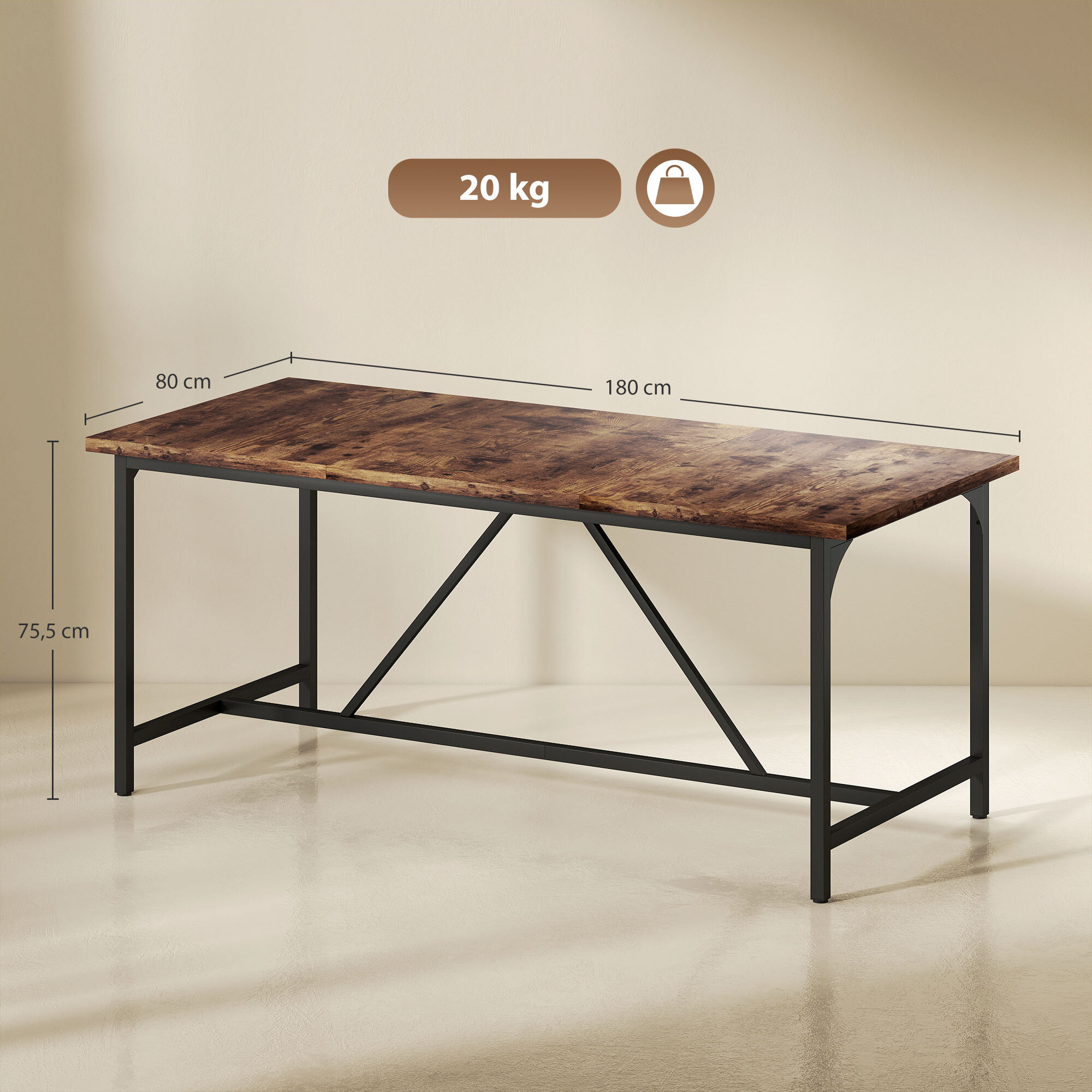 Mesa de Comedor Rectangular para 6-8 Personas, Mesa de Cocina Industrial con Tablero Grueso y Patas de Metal, 180x80x75,5 cm, Marrón Rústico