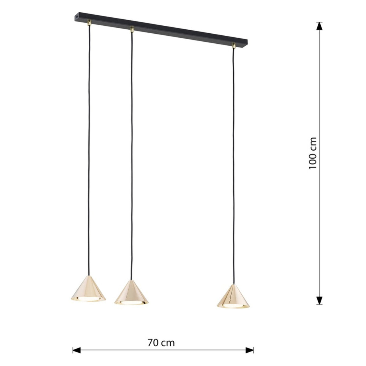 Lampada a sospensione ELIT con tre diffusori conici in oro