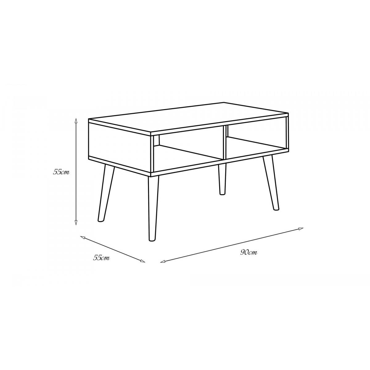 Tavolino basso da soggiorno, Tavolino porta riviste con 2 scaffali e piedini, Stile scandi, cm 55x90h55, colore Bianco