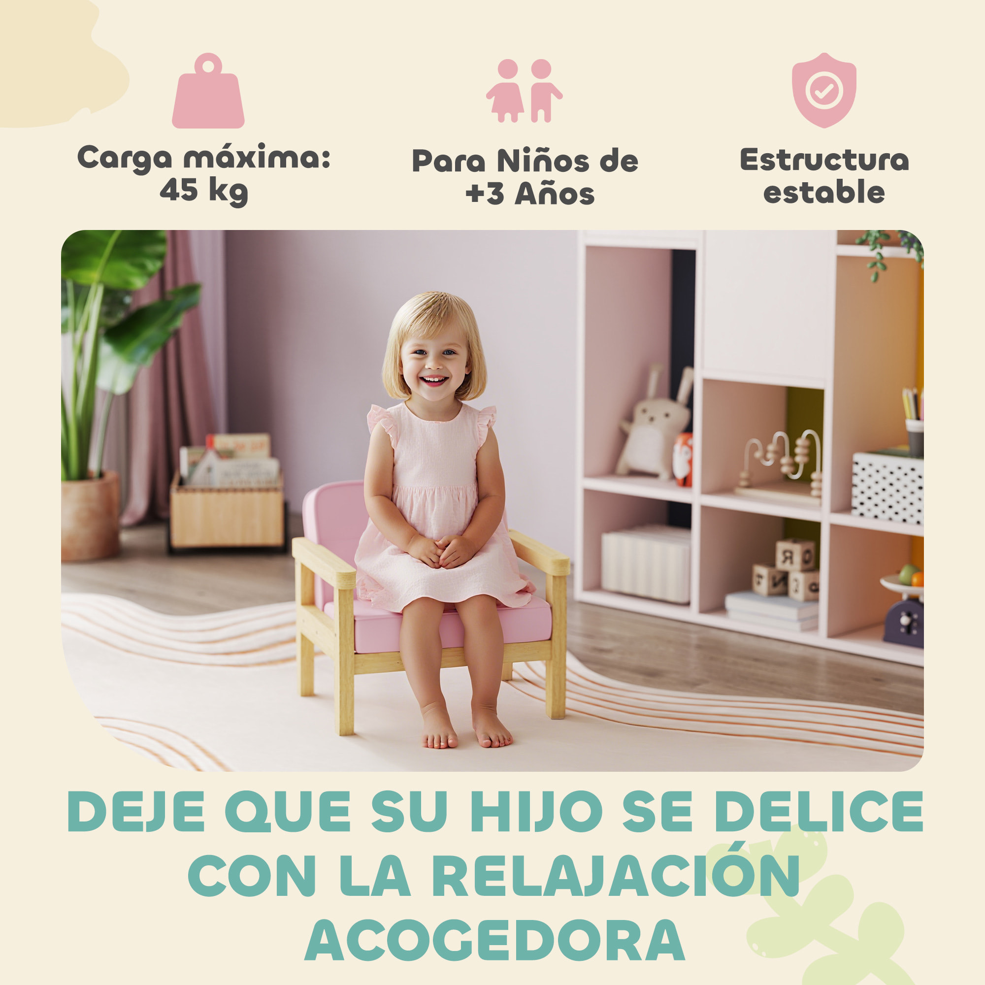 Sillón Infantil, Sofá para Niños de +3 Años, con Tejido Suave de Pana, Estructura de Madera, Asiento y Respaldo Acolchado, Reposabrazos, Carga 45 kg, 46,5x44x45 cm, Rosa