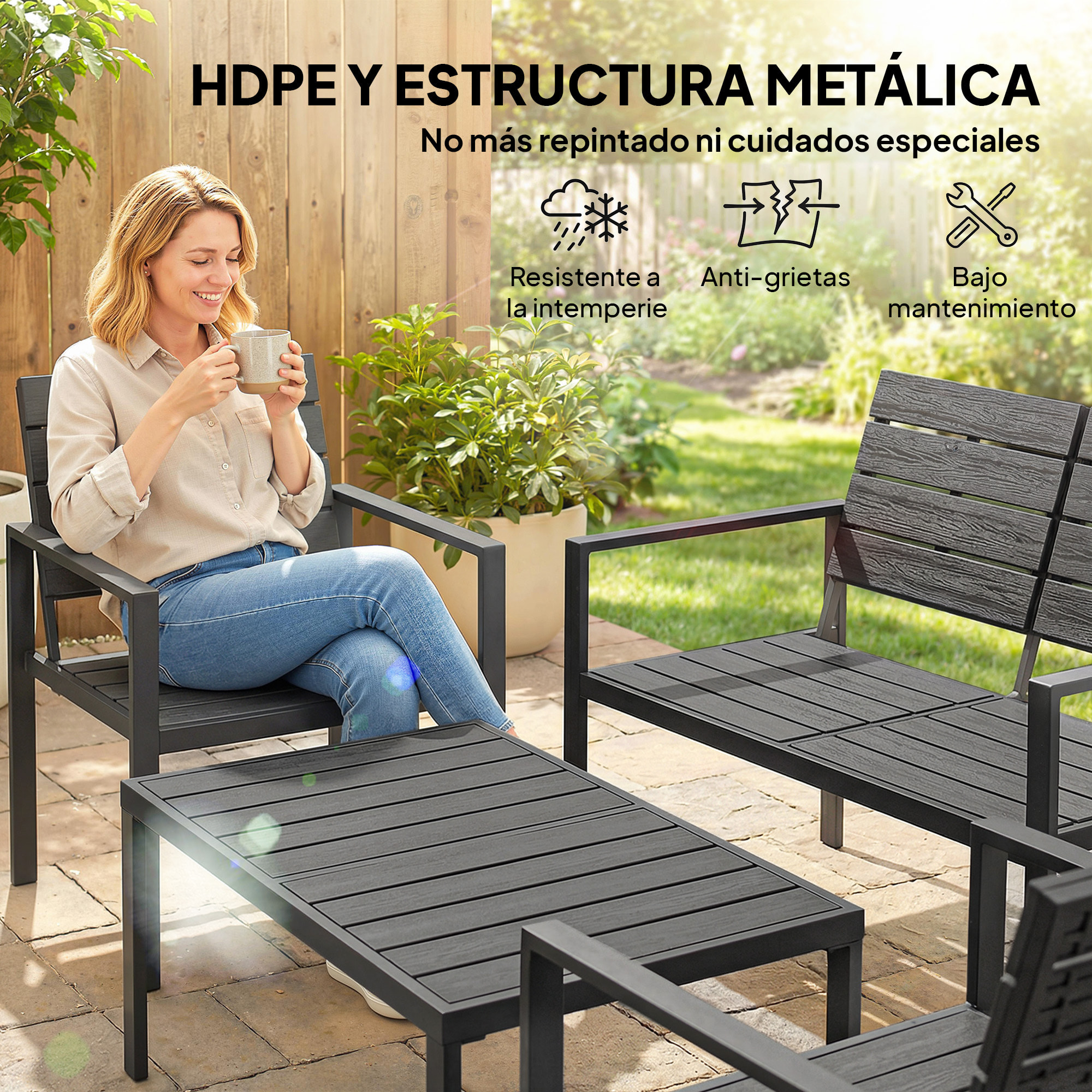 Conjunto de Muebles de Jardín para 4 Personas, Sofá de Jardín de 4 Piezas con Sofá de 2 Plazas, 2 Sillones, Mesa de Centro, Estructura Metálica, Negro