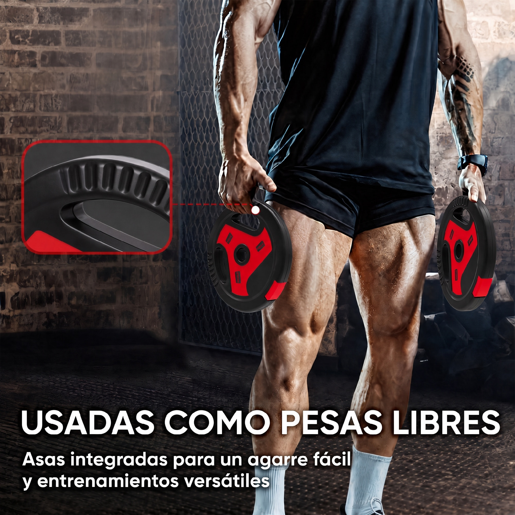 Juego de Discos de Pesas de 4 Piezas, Agujero Ø25 mm, Total 15 kg, 2x5kg, 2x2,5kg, de PP, Placas de Pesas con Agarres, para Mancuernas y Barras, para Casa, Gimnasio, Negro y Rojo