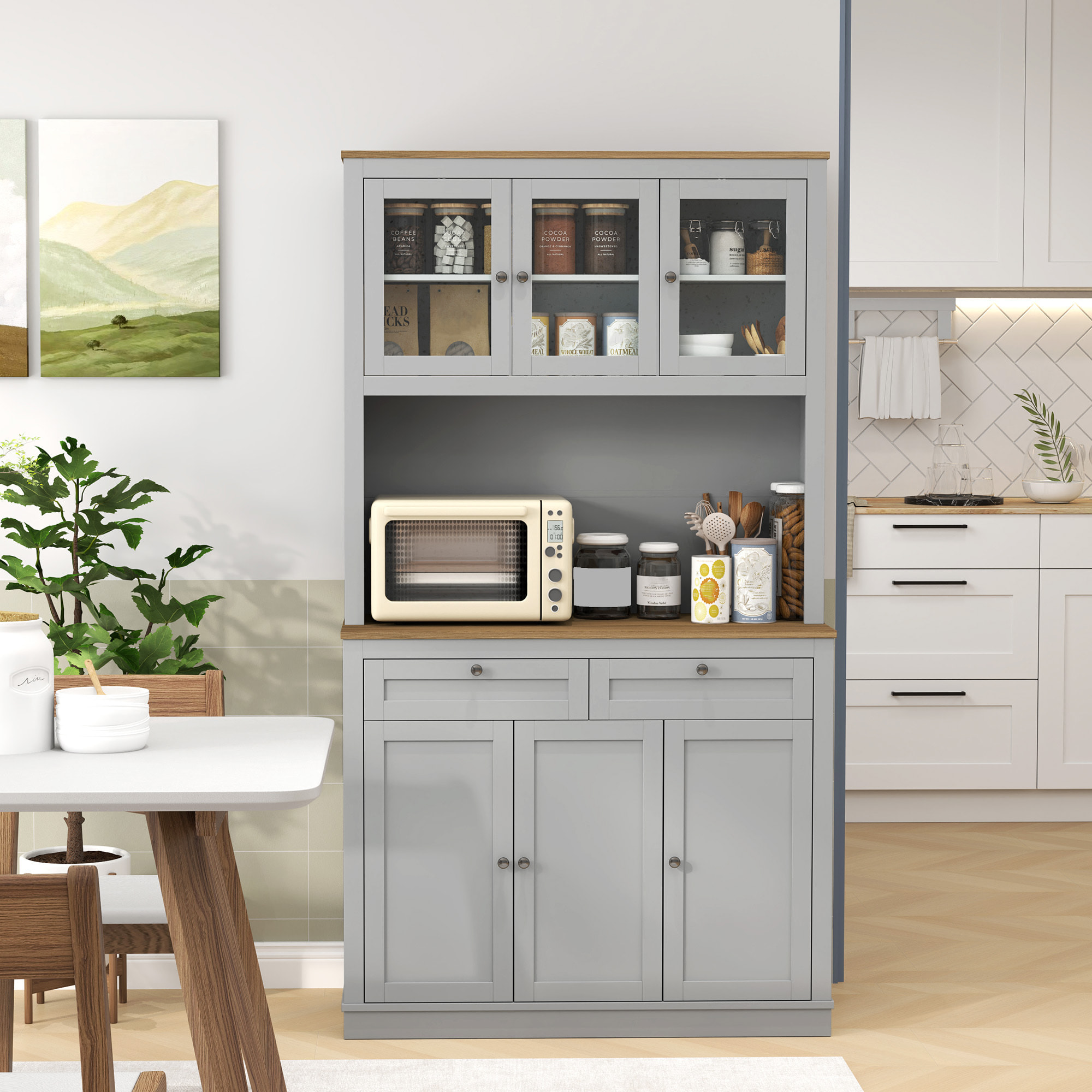 Alacena de Cocina, Mueble Auxiliar de Cocina, con 3 Puertas de Vidrio, Encimera Abierta para Microondas, 2 Cajones y Estantes Ajustables, 100x40x180 cm, Gris