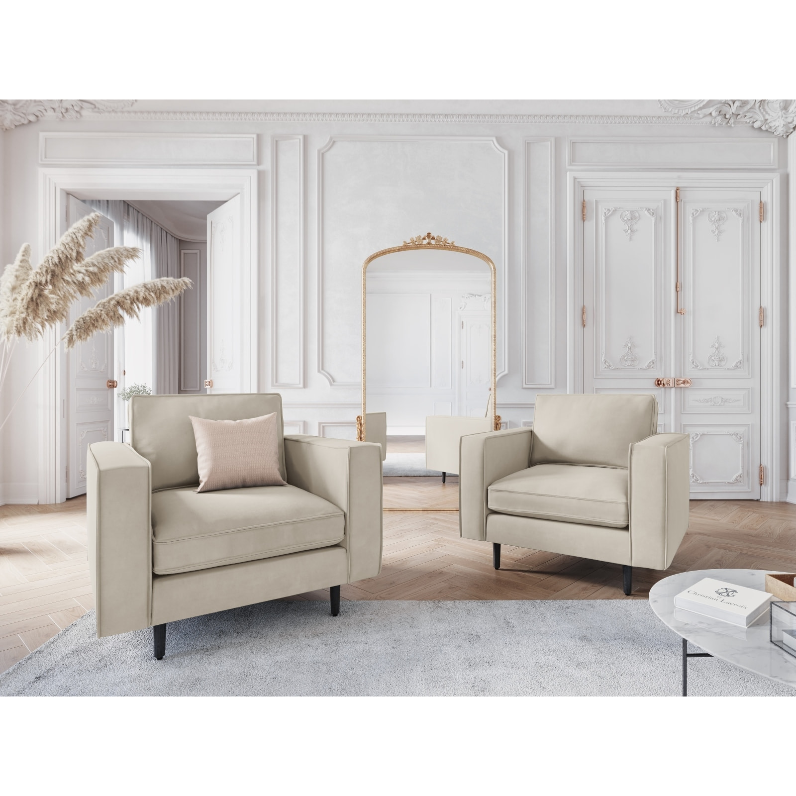 Fauteuil "Alexis" en velours beige clair