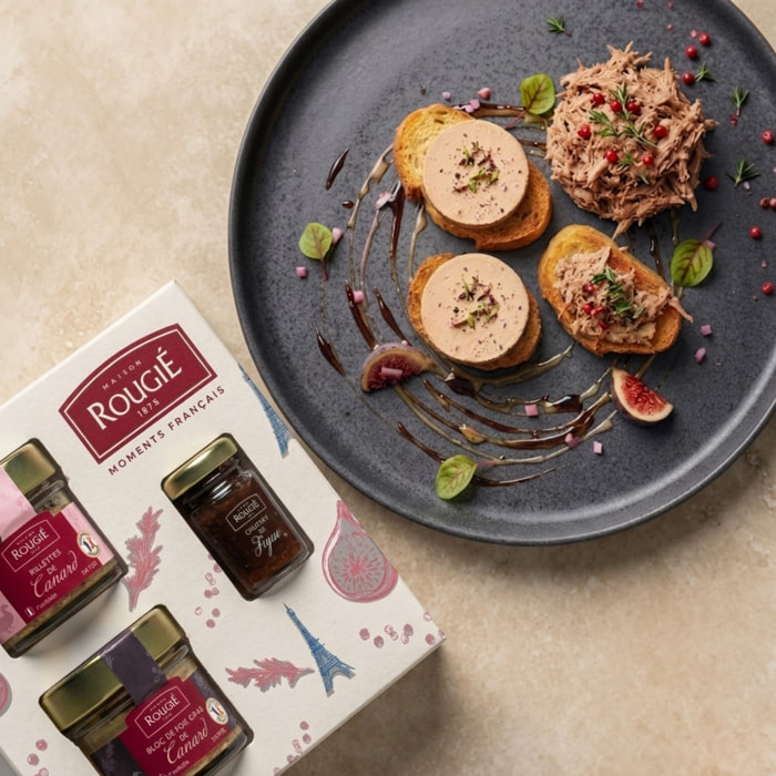 Coffret Souvenir de France: bloc de foie gras de canard, chutney et rillettes - 230g