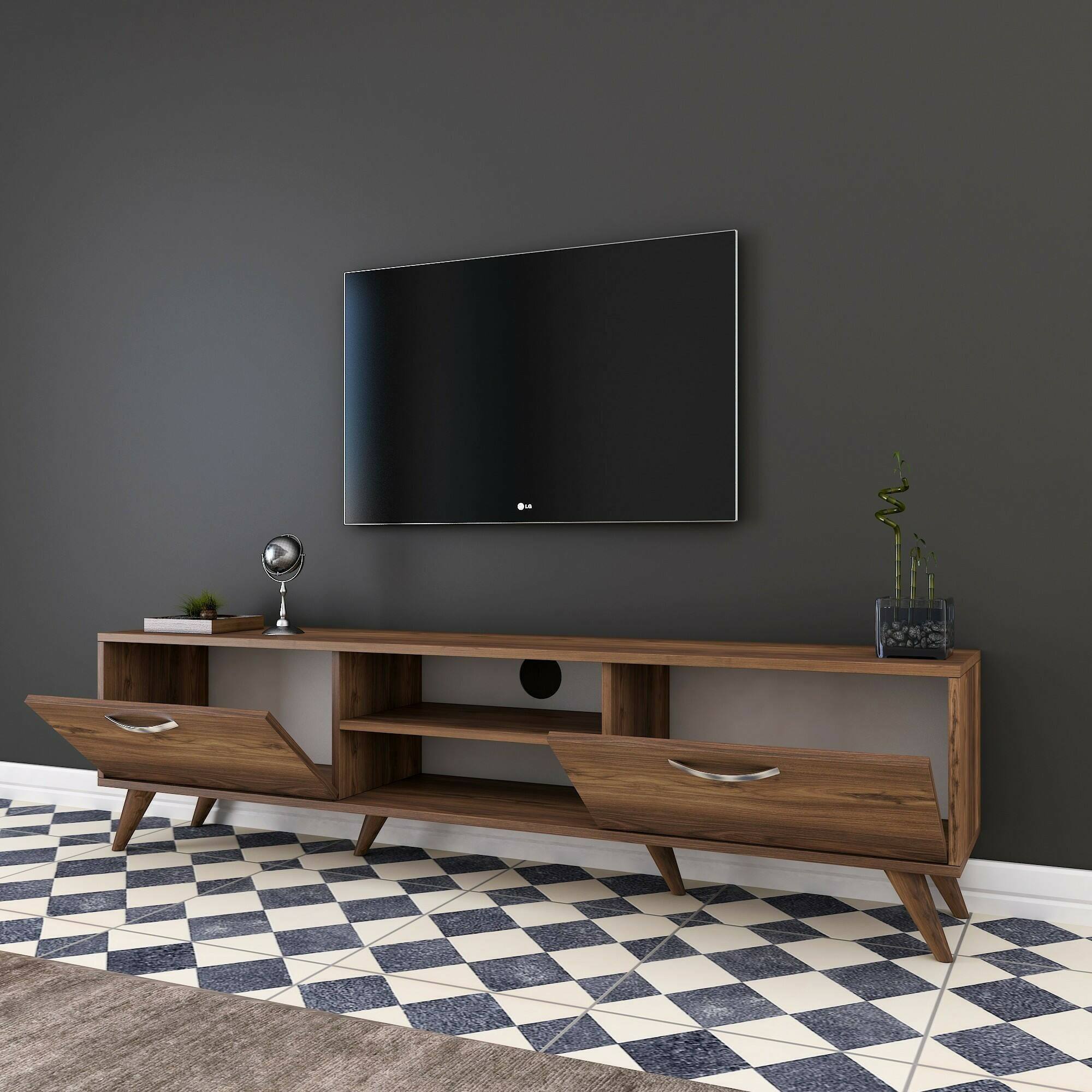 Mobile porta TV Avir, Credenza da soggiorno, Armadio basso per TV, Base parete attrezzata, 180x35h49 cm, Noce