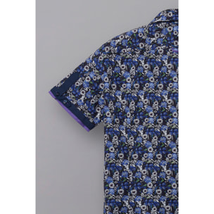 Camicia Uomo Manica Corta 2 Bottoni Button Down 7 Botto Popeline Stampato Blu\Bianco