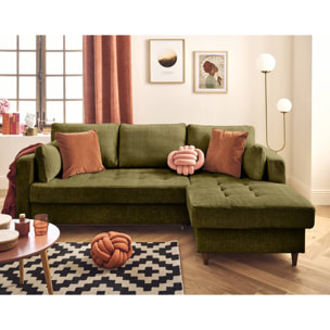 Anna - canapé d'angle droit 4 places convertible avec coffre en velours texturé - Vert Olive