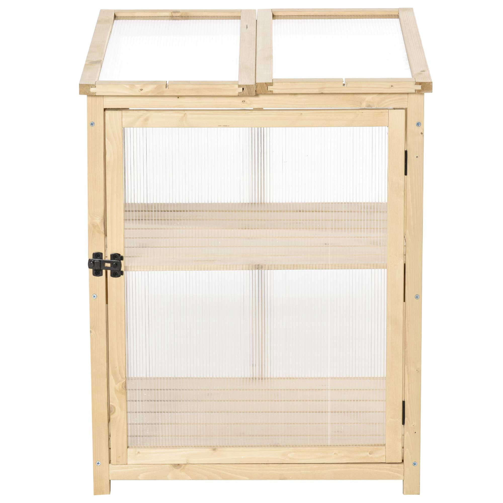 Mini serre de jardin 2 niveaux dim. 62L x 63l x 82H cm porte et panneau toit ouvrant bois sapin traité polycarbonate