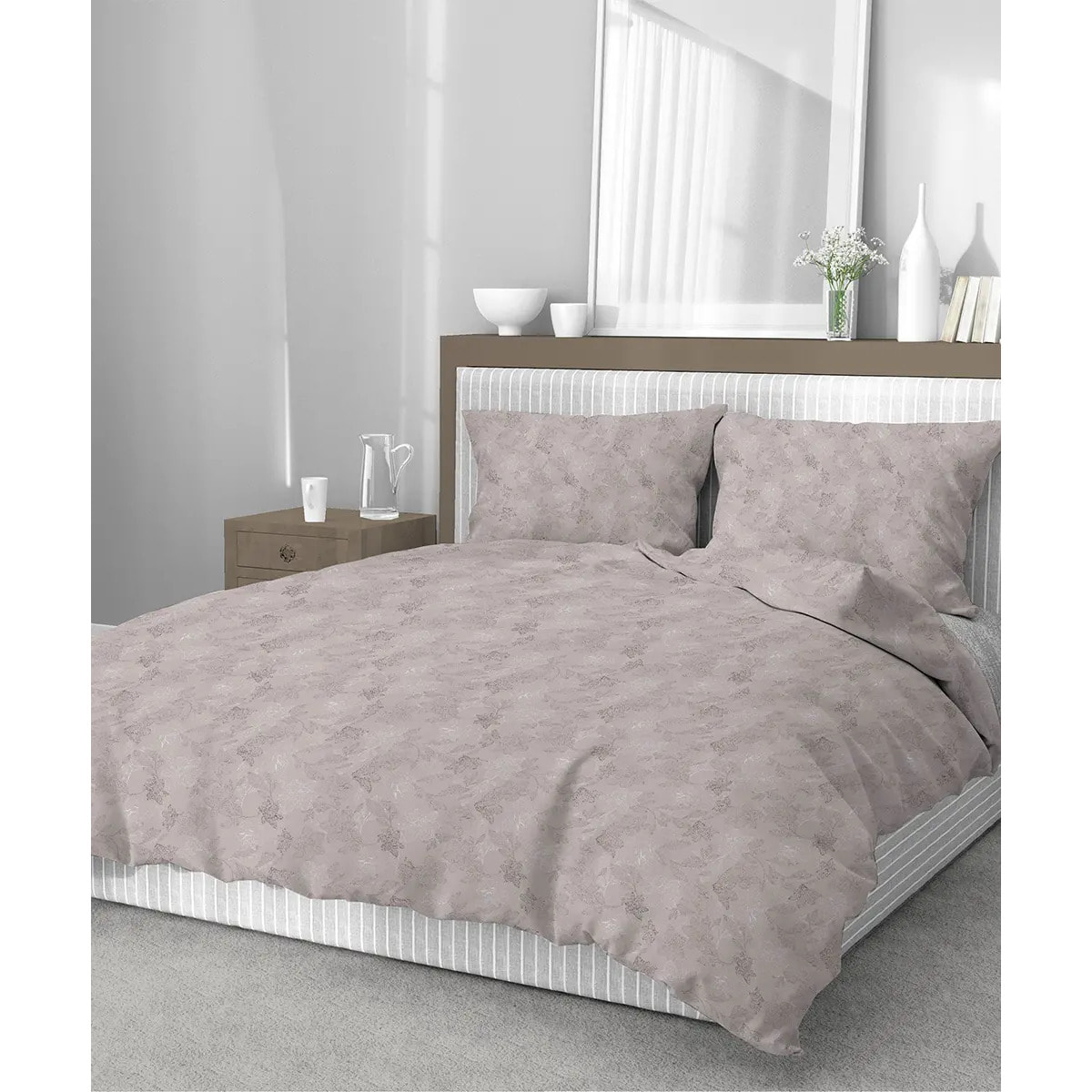 Parure Copripiumino Lily Beige per letto singolo in 100% Cotone e Made in Italy, moderno floreale