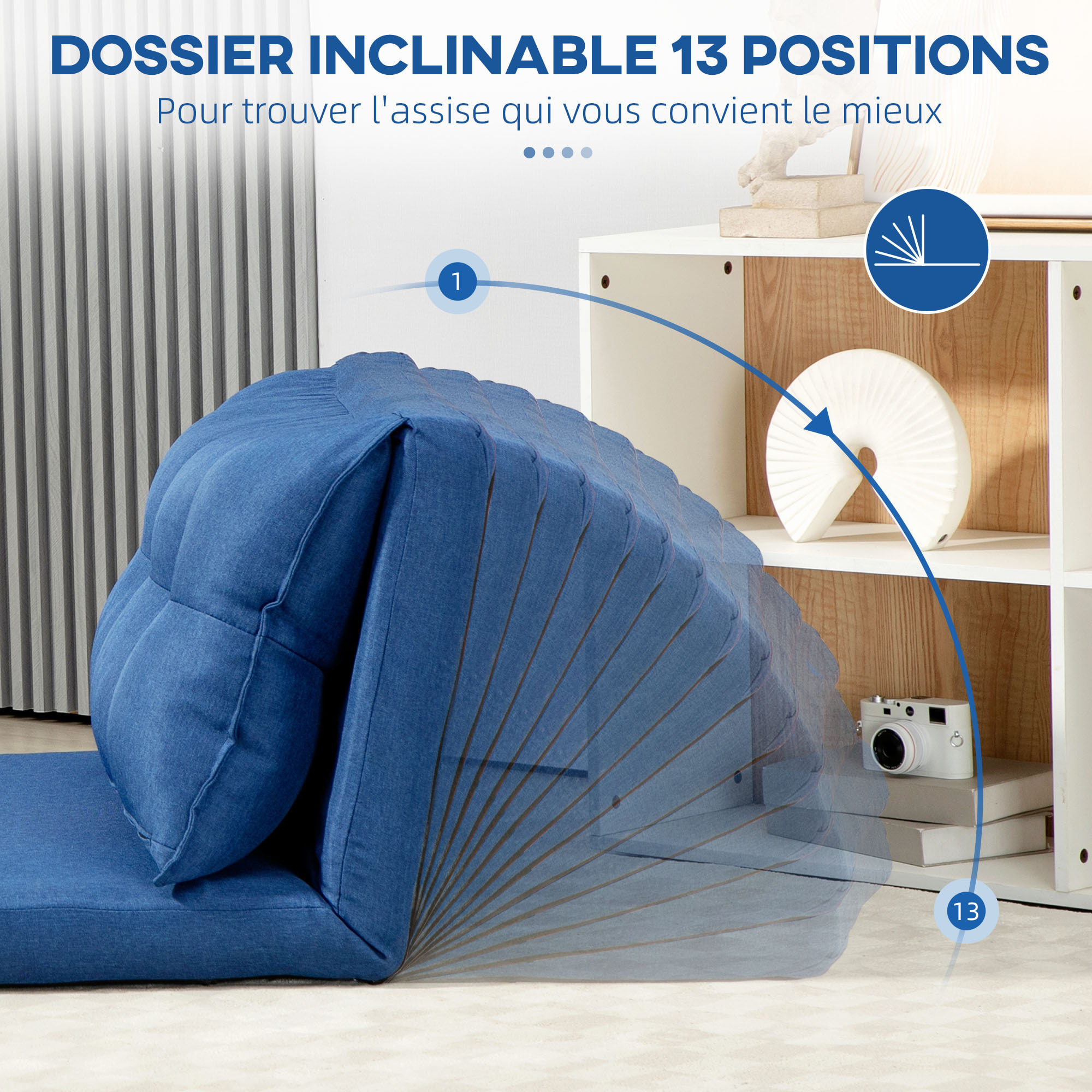 Chauffeuse - matelas d'appoint pliant - fauteuil convertible - inclinaison dossier réglable 13 positions - tissu lin bleu