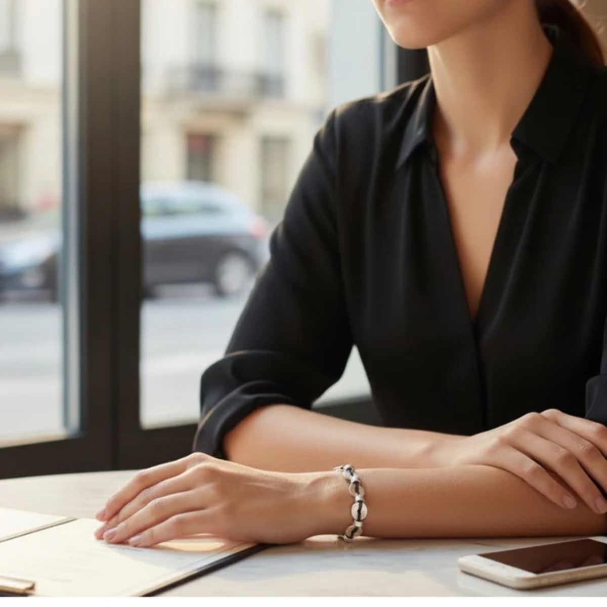 Pulsera cuero y plata Enlace zamak y cuero negro