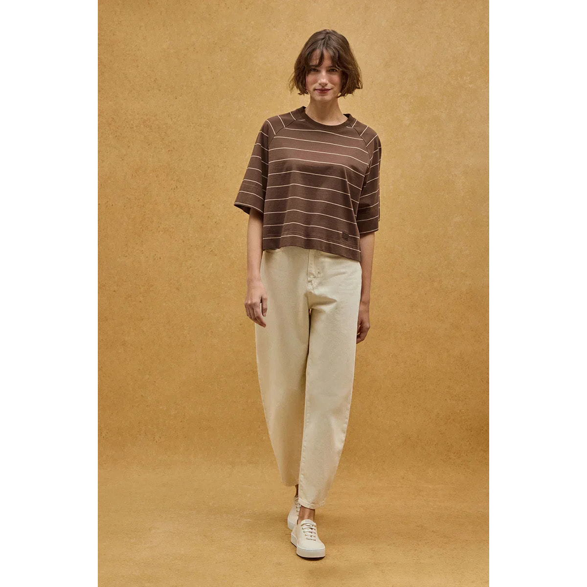 Maglietta a righe cioccolato e marrone chiaro dal fit boxy con toppa Polo Club