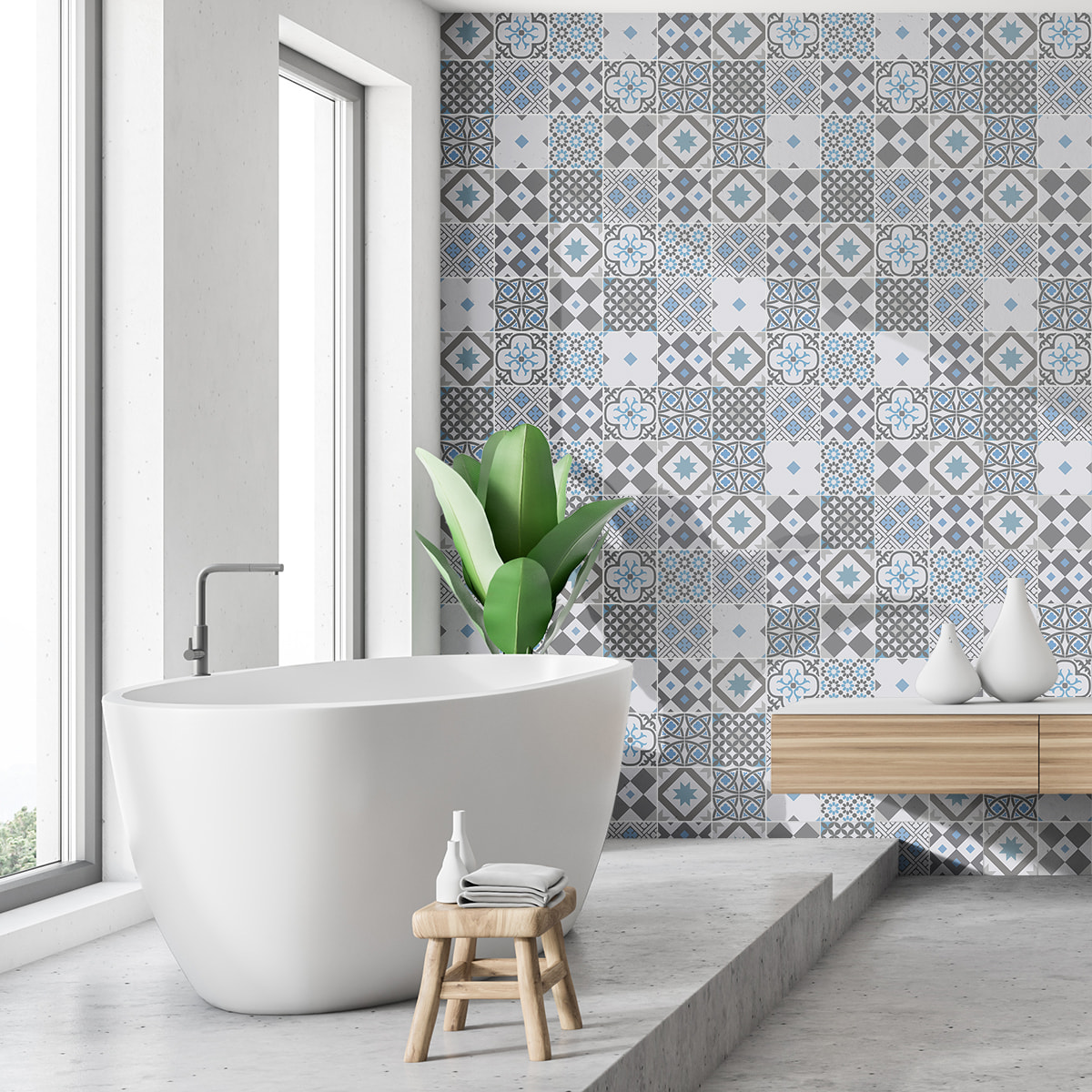 Stickers muraux - Sticker Mural Carrelage adhésif Cuisine Salle de Bain - 60 STICKERS CARREAUX DE CIMENT AZULEJOS EJIDO