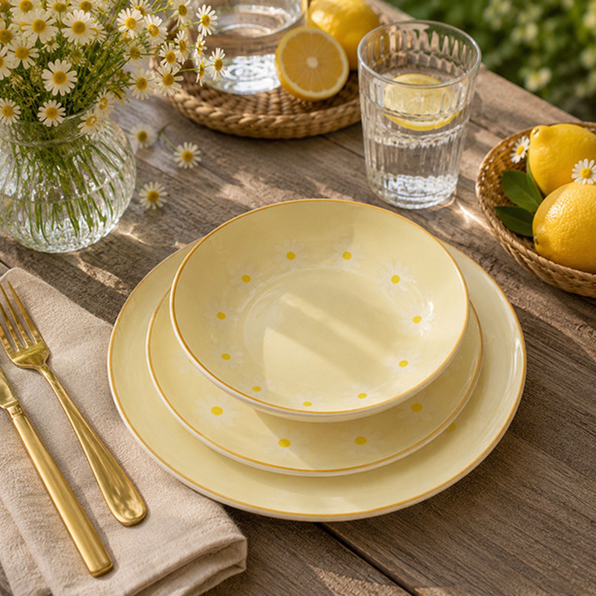 Lot de 6 assiettes creuses 20,5cm en grès beige à motif marguerite MARGUERITE