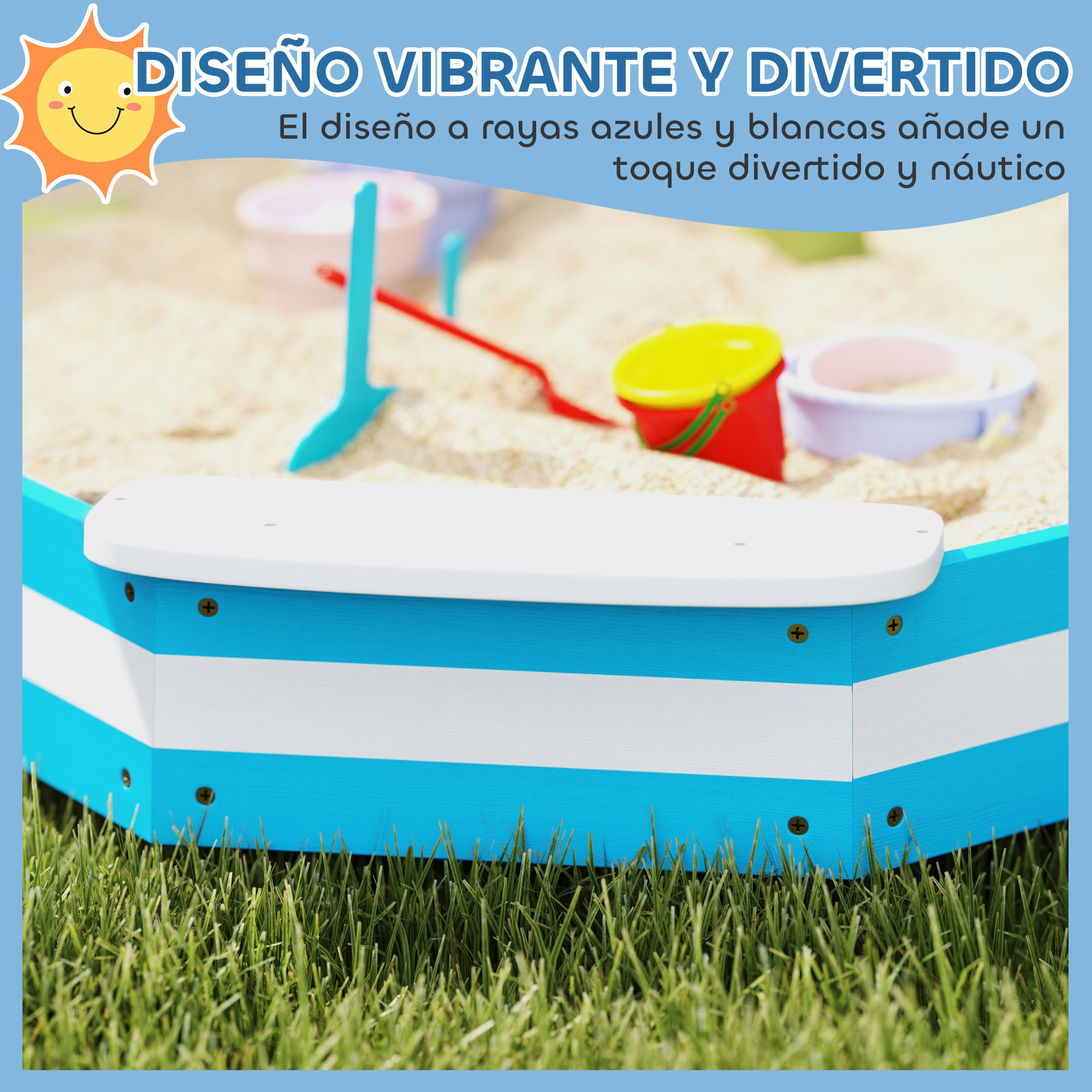 Arenero para Niños de +3 Años Arenero Infantil Cuadrada con 4 Asientos para Exterior 133x133x16 cm Azul y Blanco