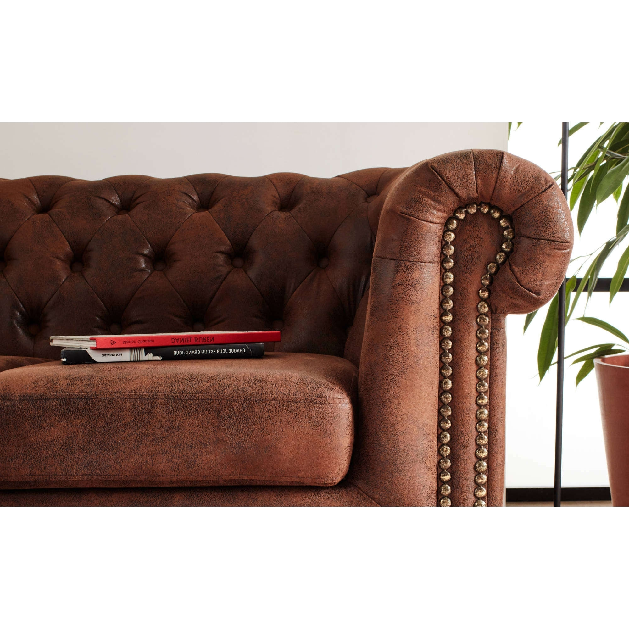 Winston - Canapé d'angle Chesterfield - 4 places - style industriel - gauche - Marron