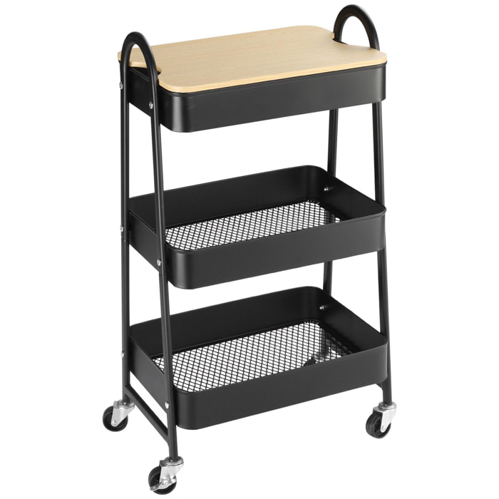 Carrito Auxiliar con Ruedas de 3 Niveles Carrito de Cocina con 3 Cestas de Acero y 1 Placa de Cubierta para Comedor Sala Baño 45x31x79,4 cm Negro