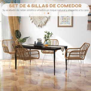 Conjunto de 4 Sillas de Comedor Sillas de Cocina de Ratán PE con Patas de Acero para Salón Balcón Estilo Bohemio Carga 120 kg 56x60x79 cm Marrón