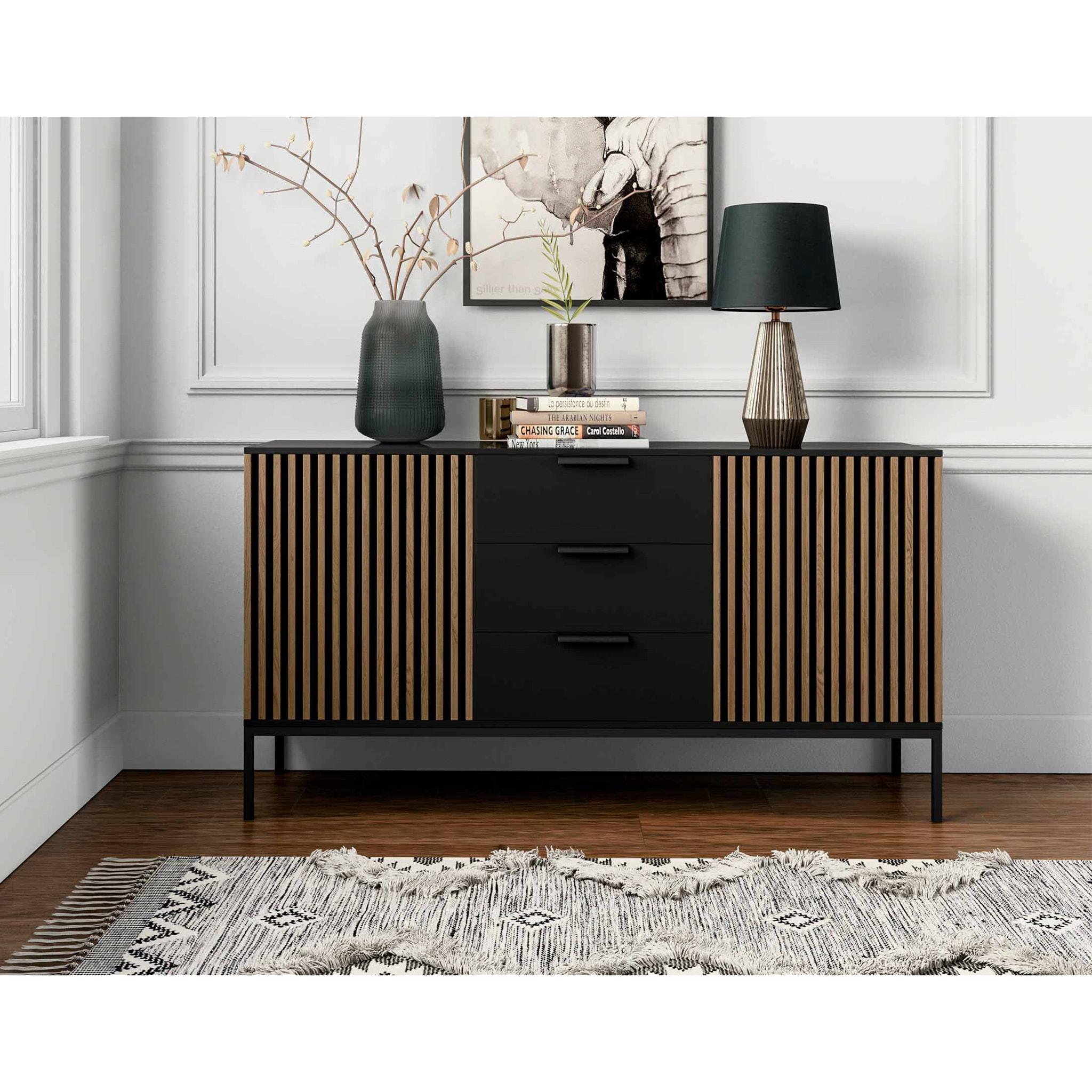 Savanna - buffet bas - effet bois et noir - 3 tiroirs et 2 portes - 150 cm - Noir / Bois