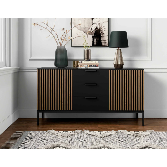 Savanna - buffet bas - effet bois et noir - 3 tiroirs et 2 portes - 150 cm - Noir / Bois