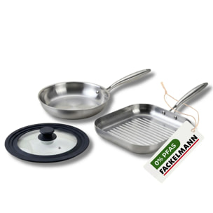 Poêle à Frire 26 cm et Gril 28 cm inox 18/10 Triply et couvercle Fackelmann Vita3